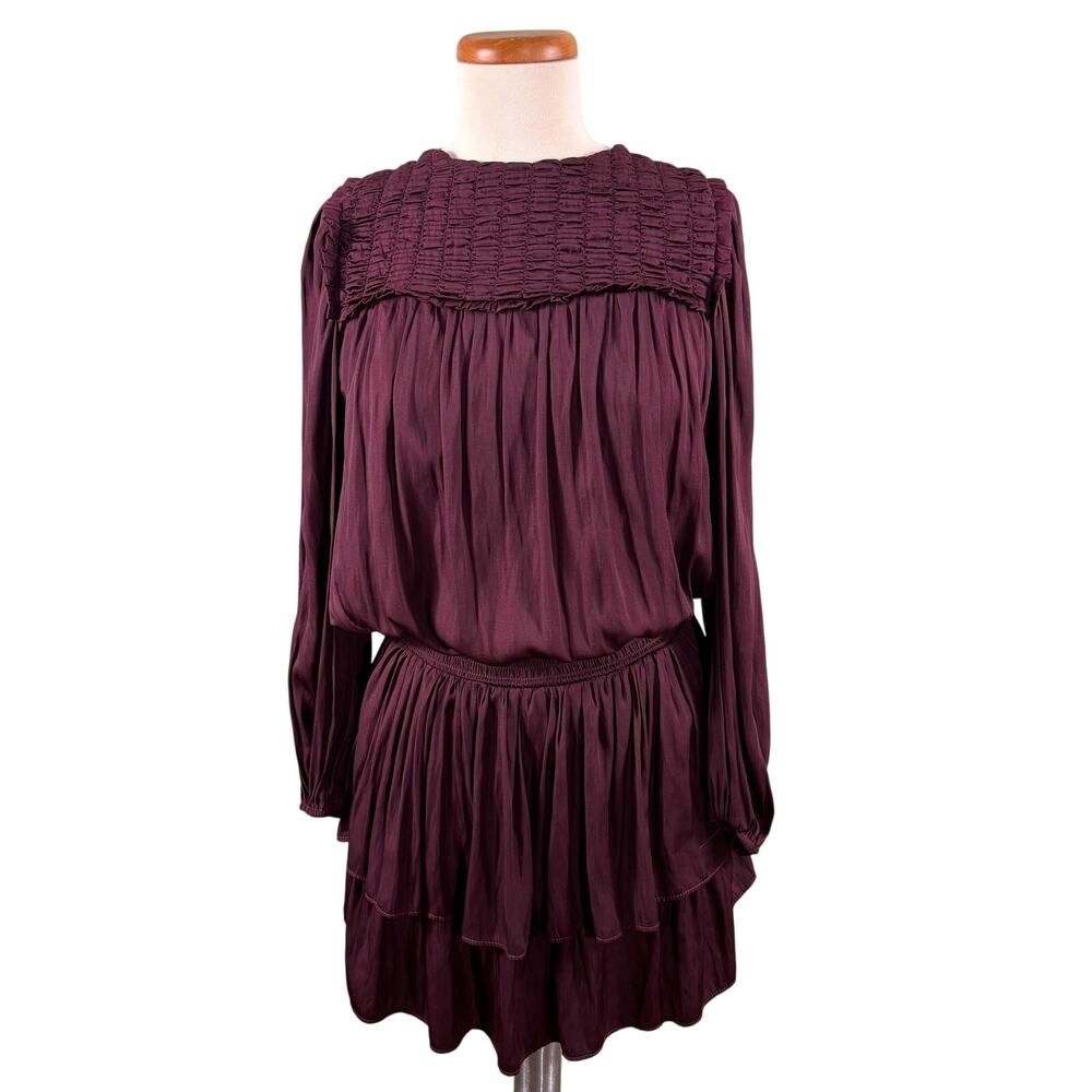 Versona Women Small Burgundy Smocked Body Tiered Skirt Long Sleeve Blouson Dress